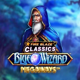 Fire Blaze Blue Wizard Megaways online game logo by Rarestone Gaming on glorioncasino.eu.com